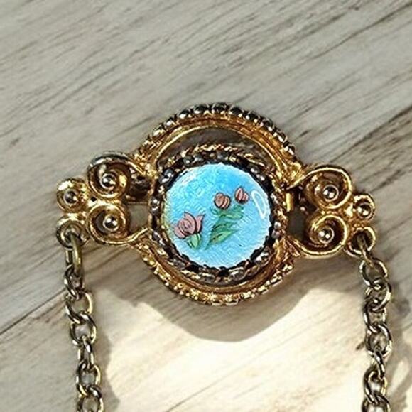 Mid-Century Painted Enamel Floral Brooch Ornate Gold Frame with Chain Drape - Picture 3 of 5